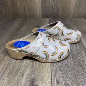 Swedish Wooden Cape Clogs Slip On Mule White Leather Rainbow Women’s US Size 6